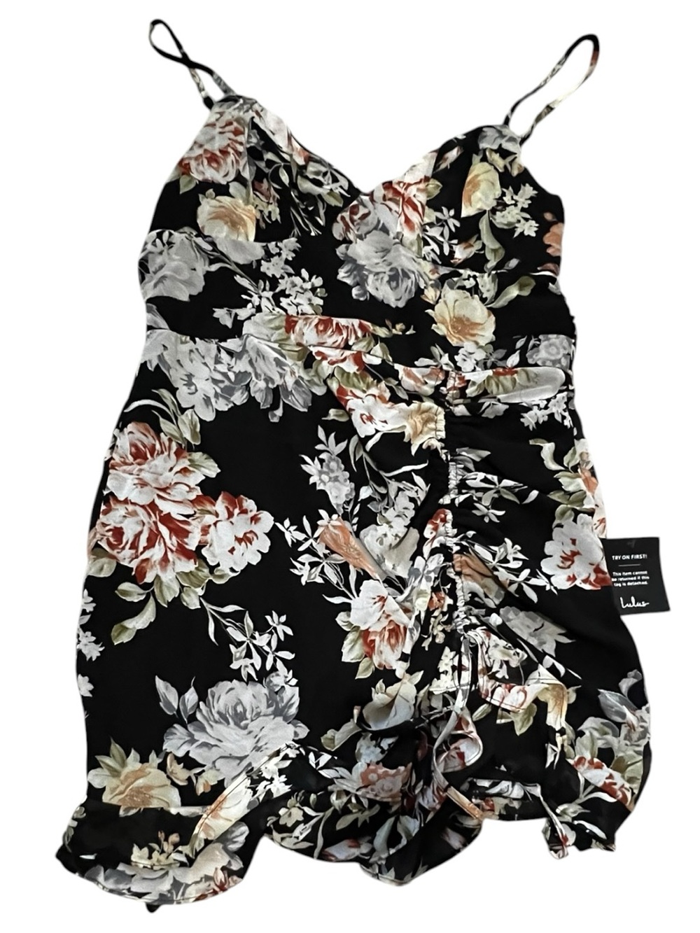 Lulu's Black Floral Spaghetti Strap Ruched Mini Dress NWT XL - Picture 5 of 8
